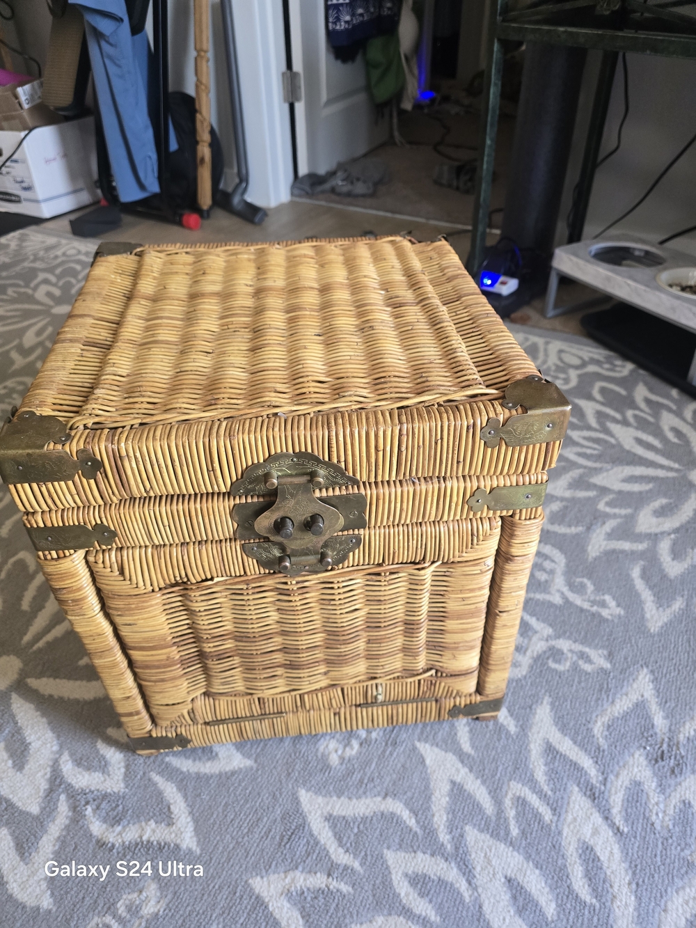 Chinoiserie Wicker Trunk Storage with Antique Brass Accents.  - Tan